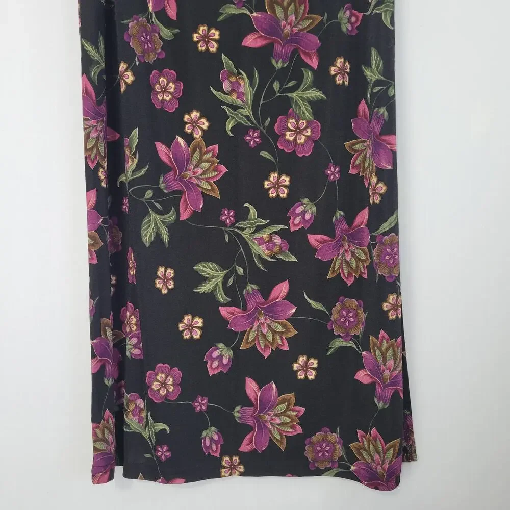 Vintage 90s Floral Pull On Midi Skirt size M Black Purple Fairy Grunge Y2K